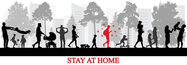 Persona infectada por coronavirus caminando entre personas sanas en el parque. Quédate en casa para estar saludable. Ilustración vectorial
. - Vector, Imagen