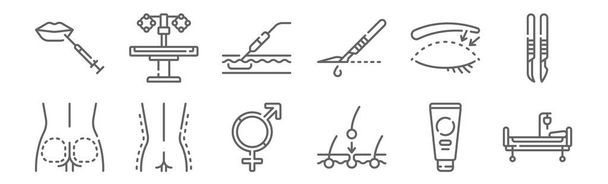 Set von 12 Ikonen der plastischen Chirurgie. umreißen dünne Linien Symbole wie Krankenhaus, Haare, Gesäß, Auge, Fett, Operationstisch - Vektor, Bild