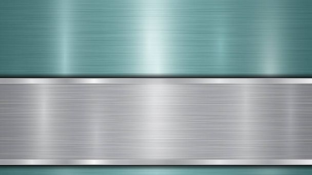 Achtergrond bestaande uit een lichtblauw glanzend metallic oppervlak en een horizontale gepolijste zilveren plaat gelegen onder, met een metalen textuur, glaren en gepolijste randen - Vector, afbeelding