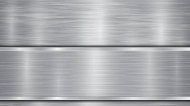Achtergrond in zilverkleurige en grijze kleuren, bestaande uit een glanzend metalen oppervlak en een horizontale gepolijste plaat onderaan, met een metalen textuur, glans en gepolijste randen - Vector, afbeelding