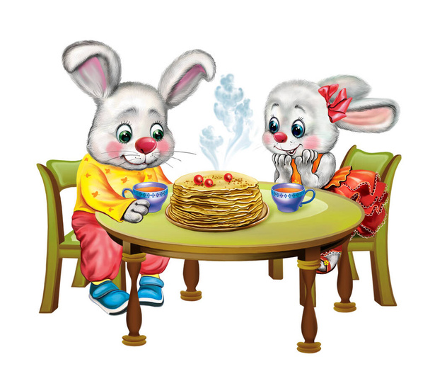 Divertidos conejos de dibujos animados bebiendo té con panqueques, alegre fiesta de té de liebres, animales en la mesa, ilustración aislada sobre fondo blanco
 - Foto, Imagen