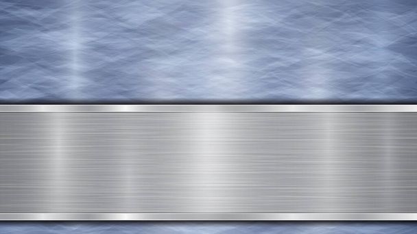 Hintergrund bestehend aus einer blau glänzenden metallischen Oberfläche und einer horizontalen polierten Silberplatte, die sich unten befindet, mit einer Metallstruktur, grellen Farben und polierten Kanten - Vektor, Bild
