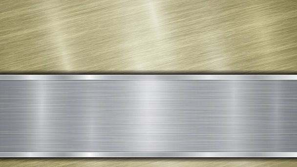 Hintergrund bestehend aus einer goldglänzenden metallischen Oberfläche und einer horizontalen polierten Silberplatte, die sich unten befindet, mit einer Metallstruktur, grellen Farben und polierten Kanten - Vektor, Bild