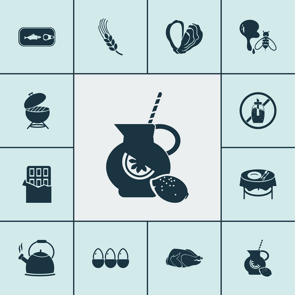 Ícones de nutrição conjunto com chocolate, ostra, churrasco e outros elementos de cacau. Isolado vetor ilustração nutrição ícones
. - Vetor, Imagem