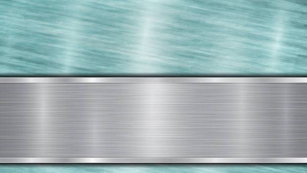 Hintergrund bestehend aus einer hellblau glänzenden metallischen Oberfläche und einer horizontalen polierten Silberplatte, die sich unten befindet, mit einer Metallstruktur, grellen Farben und polierten Kanten - Vektor, Bild