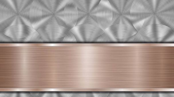 Arkaplanda gümüş parlak metalik bir yüzey ve bir yatay cilalı bronz plaka, metal bir doku, parlaklıklar ve yanmış kenarları bulunur. - Vektör, Görsel
