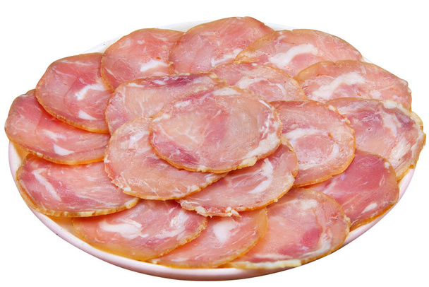 fresh italian prosciutto sausage on a plate on a White background - Photo, Image