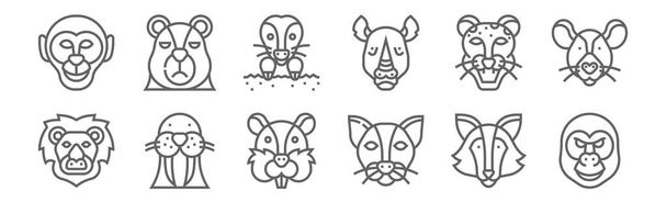 Set von 12 Tierkopfsymbolen. Konturen dünner Linien wie Gorilla, Katze, Walross, Jaguar, Maulwurf, Bär - Vektor, Bild