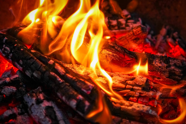 Fire with coals and fire on nature picnic background. Burns out a bonfire for food on the street - Foto, imagen