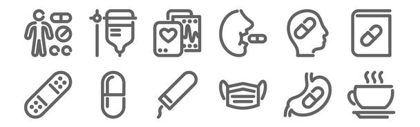 zestaw 12 ikon leków. zarys ikon cienkiej linii, takich jak gorący napój, maska, pigułki, lek, kardiogram, transfuzja krwi - Wektor, obraz