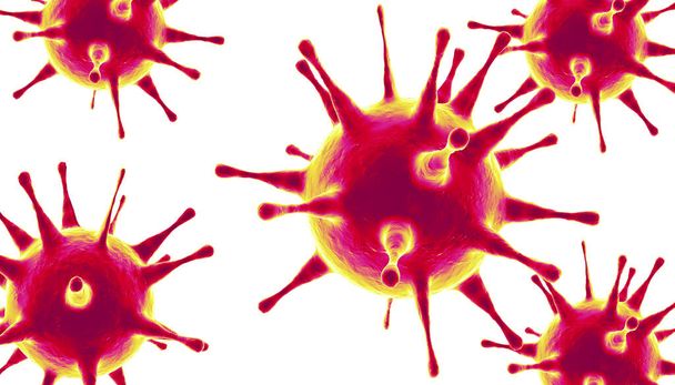 インフルエンザウイルス細胞の顕微鏡観察。3D医療イラスト - 写真・画像