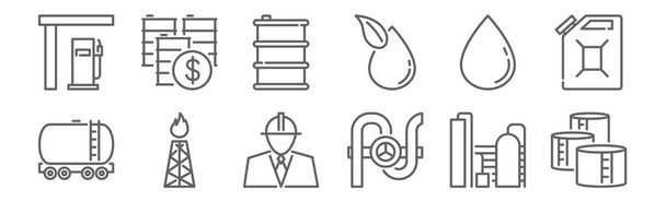 conjunto de 12 iconos de la industria petrolera y petrolera. contorno de iconos de línea delgada como tanque de aceite, grifo, bomba de gasolina, aceite, barril, precio
 - Vector, imagen