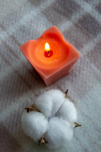 decorazione, hygge e concetto di comodità - candela di profumo di wite ardente e fiore di cotone su coperta lavorata a maglia
 - Foto, immagini