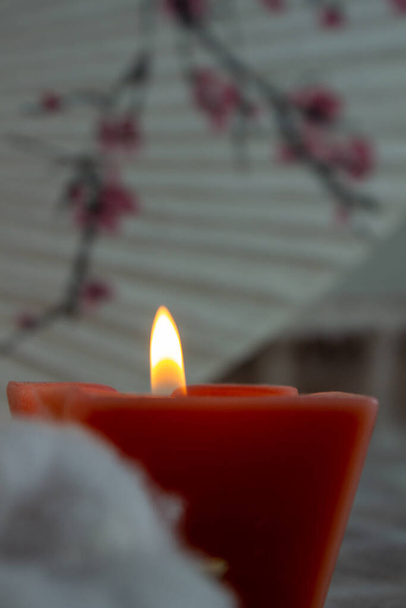 украшения, гигге и уют концепция - горящий белый аромат свечи и цветок хлопка на трикотажном одеяле
 - Фото, изображение