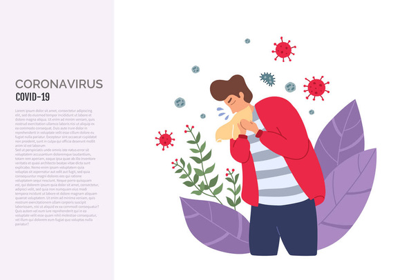 Man coughing in tissue. Boy without face mask. Virus germs spread in the air. Person during respiratory disease. Vector illustration in a flat style - Vector, Image