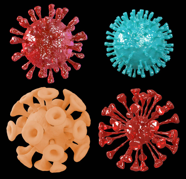 Vírussejtek beállítva. A koronavírus világjárvány koncepciója. Izolált 3D kiolvasztott kép. - Fotó, kép