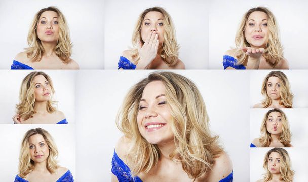 Collage. Portraits of a young smiling woman isolated on white. Different emotions of one pretty blond woman. Cute girl.  - Photo, Image