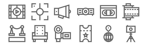 set van 12 iconen uit de filmindustrie. schets dunne lijn pictogrammen zoals camera, ticket, fauteuil, video tape, megafoon, shoot - Vector, afbeelding