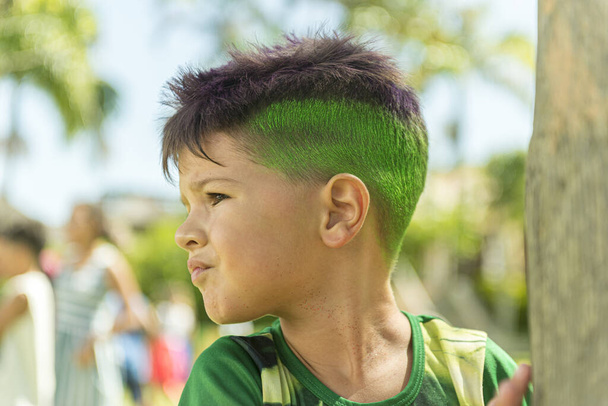 Großaufnahme schöner kaukasischer Jungen mit grün und lila gefärbten Haaren neben Bäumen und verschwommenen Menschen im Hintergrund. Kind im Kostüm zur Karnevalsparty in Brasilien. - Foto, Bild