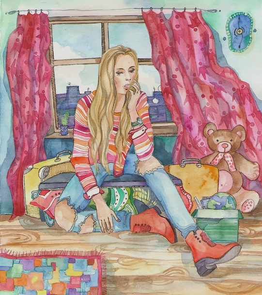 Akwarelowa ilustracja pięknej blondynki dużej dziewczynki w podartych dżinsach w małym pokoju z zabawkami dla dzieci. Kreatywna koncepcja dzieciństwa obok okna różowe zasłony. - Zdjęcie, obraz