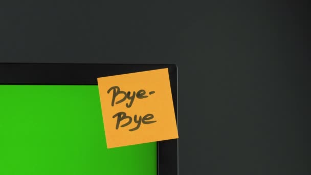 "Αυτοκόλλητο "Bye-Bye" στον υπολογιστή, χρωματικό κλειδί. Μαύρο φόντο. Αντιγραφή χώρου. Επικοινωνία - Πλάνα, βίντεο
