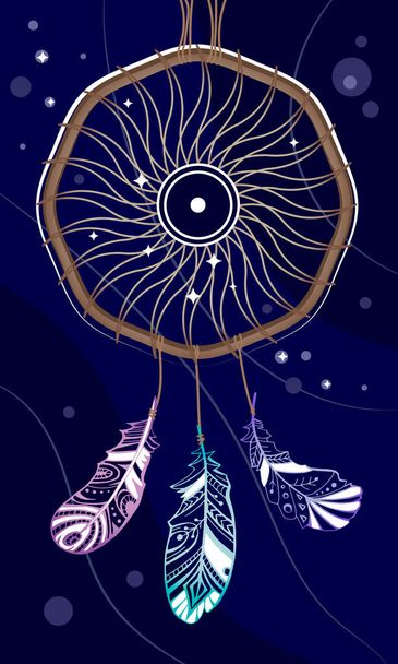 Dreamcatcher na hvězdné obloze, Slunce a peří v esoterickém symbolu, šamanistické atributy, abstraktní obraz slunečního disku ve vesmíru, kosmická lineární kresba Dreamcatcheru - Vektor, obrázek