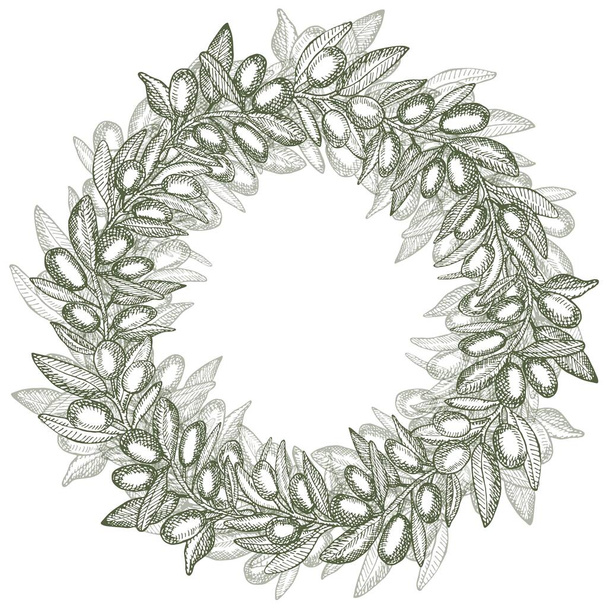Round wreath made of olive branch with space for text. Vintage hand drawn sketch vector illustration, linear graphic ink art. Linear graphic. - Vetor, Imagem