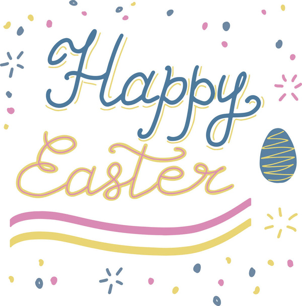 Happy Easter, lettering calligraphy , hand brush, color colorful text on white background. Easter slogans, colorful eggs, rabbits, bunny. Template for typography poster, banner,  postcard, flyer, eps. - Vetor, Imagem