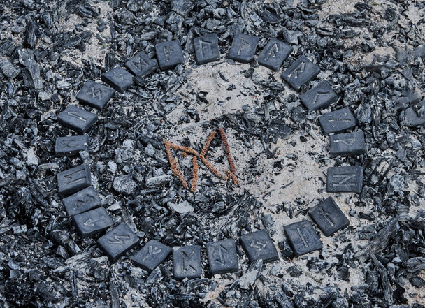 Norwegische Rune Dagaz auf Aschenrücken im Kreis der 24 nordischen Runen - Foto, Bild