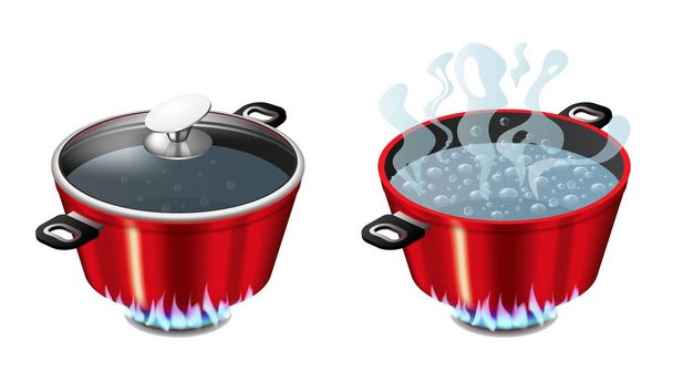 Set roter Pfannen mit kochendem Wasser, geöffnetem und geschlossenem Topfdeckel - Vektor, Bild