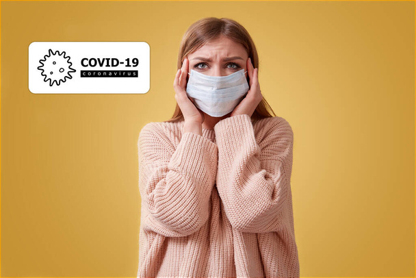 Novel Sars Cov2. Prevent infection spread. Stop pandemia. Shocked woman in mask. COVID-19, coronavirus inscription - Photo, Image