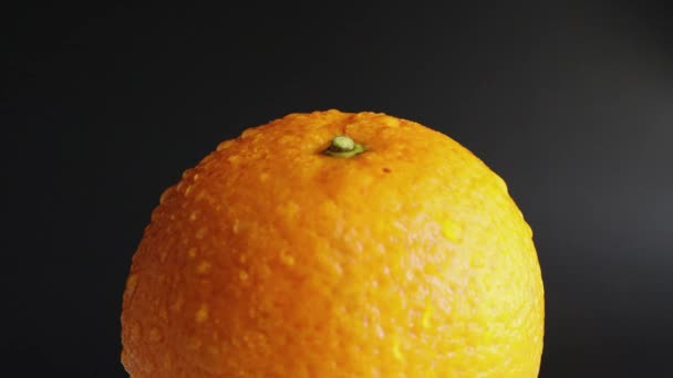 Parlak turuncu kabuklu, siyah arkaplanlı, hareketsiz, ıslak ve ıslak bir portakal damlası. Diyet ve sağlıklı yemek için meyveler. Citrus meyveleri, yan yağmur, tropikal meyveler yakın plan. - Video, Çekim