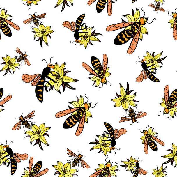 wasp in different poses with a yellow flower vector pattern on a white background - ベクター画像