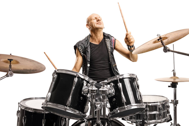 Punk musician playing drums isolated on white background - Fotoğraf, Görsel