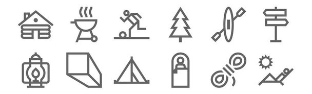 sada 12 ikon outdoorových aktivit. obrys tenké čáry ikony, jako je opalování, spacák, minerály, kajak, fotbal, gril - Vektor, obrázek