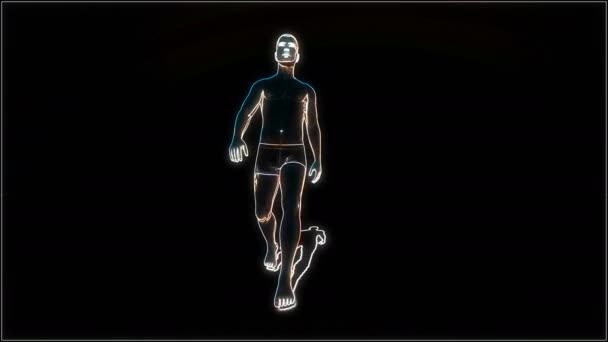 Karakter séta rajzfilm stílusban fekete háttér. Neon videojáték testépítő pixel tornaterem 80-as évek hiba - Felvétel, videó