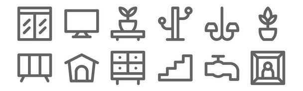 conjunto de 12 iconos de decoración para el hogar. contorno de iconos de línea delgada como la fotografía, escalera, casa de mascotas, lámpara de araña, estantes, tv
 - Vector, Imagen