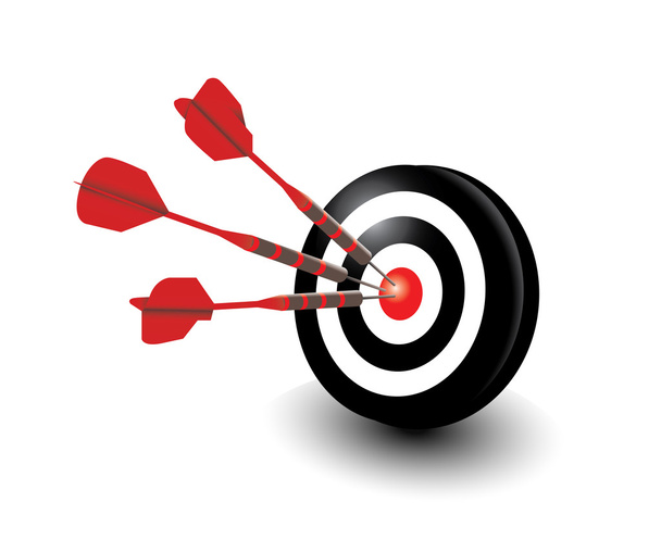 Black Dartboard with red darts. Hitting A Target - Vector, Image