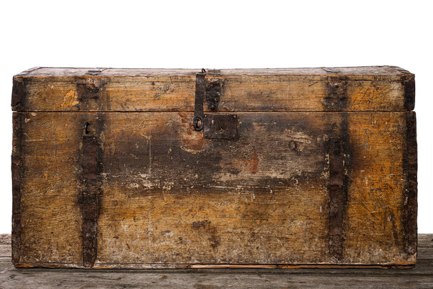 Old wooden treasure chest isolated on white, studio photo - Photo, Image