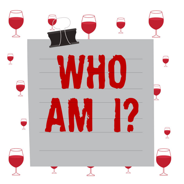 Text sign showing Who Am I Question. Conceptual photo asking about self identity or personal purpose in life Paper lines binder clip cardboard blank square notebook color background. - Photo, Image