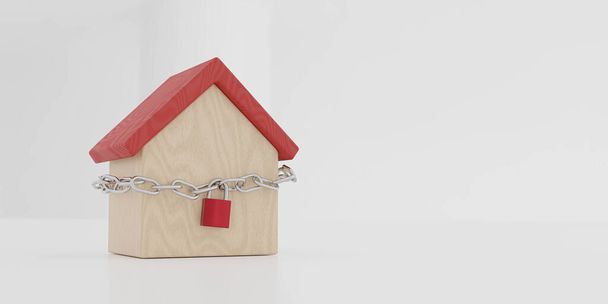 concept de sécurité à domicile serrure dorée et chaîne sur modèle de maison en bois
 - Photo, image