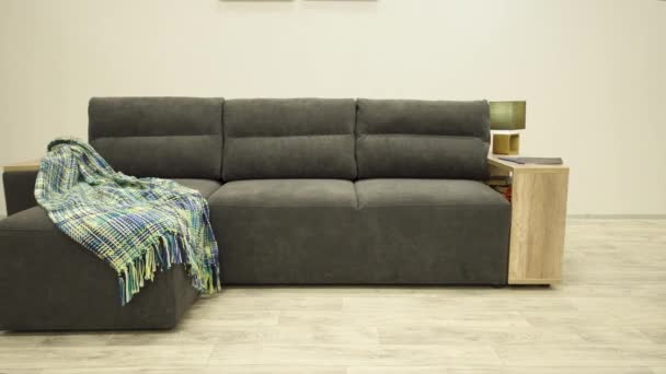 Stílusos fekete sarok kanapé egy fa oldalfallal és egy hangulatos kockás - Felvétel, videó