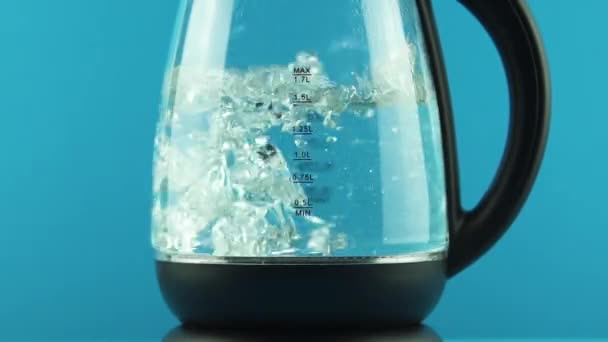Egy elektromos vízforraló üvegfallal. Forralás folyamata. Kék háttér. Fogalom - Felvétel, videó