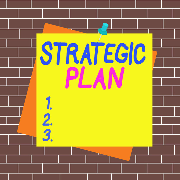 Text sign showing Strategic Plan. Conceptual photo a systematic process of envisioning a desired future Reminder color background thumbtack tack memo attached office pin square. - Photo, Image