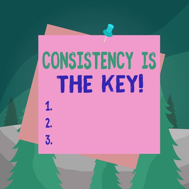 Word writing text Consistency Is The Key. Business concept for by Breaking Bad Habits and Forming Good Ones Reminder color background thumbtack tack memo attached office pin square. - Photo, Image
