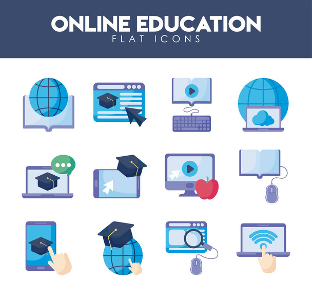 set pictogrammen online onderwijs, onderwijstechnologie - Vector, afbeelding