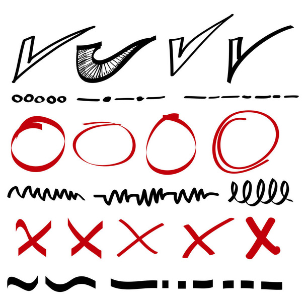 Gekritzelte Häkchen und falsche Markierungen mit Unterstrichen und Kritzeln. Vektor - Vektor, Bild
