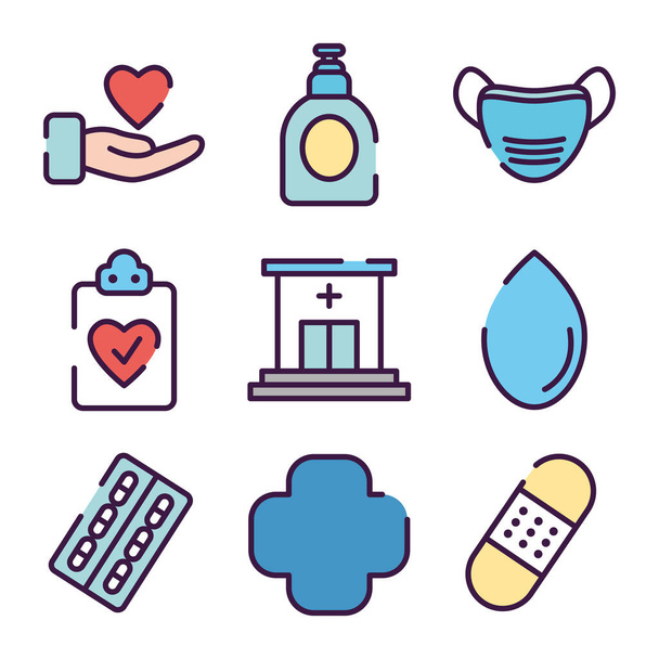 máscara bucal y conjunto de iconos de salud, estilo de color de línea
 - Vector, imagen