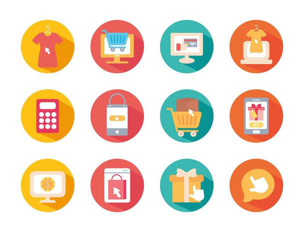 calculator and shopping online icon set, block style - Vector, Image