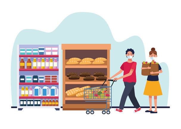 couple shopping in supermarket with face mask - Vector, Image